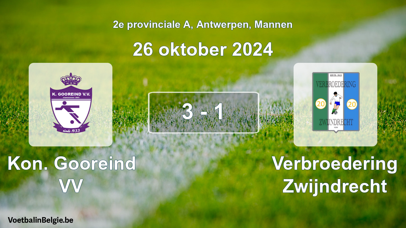 Gespeelde wedstrijd mannenvoetbal: Kon. Gooreind VV - Verbroedering Zwijndrecht 3 - 1 (26 oktober 2024)