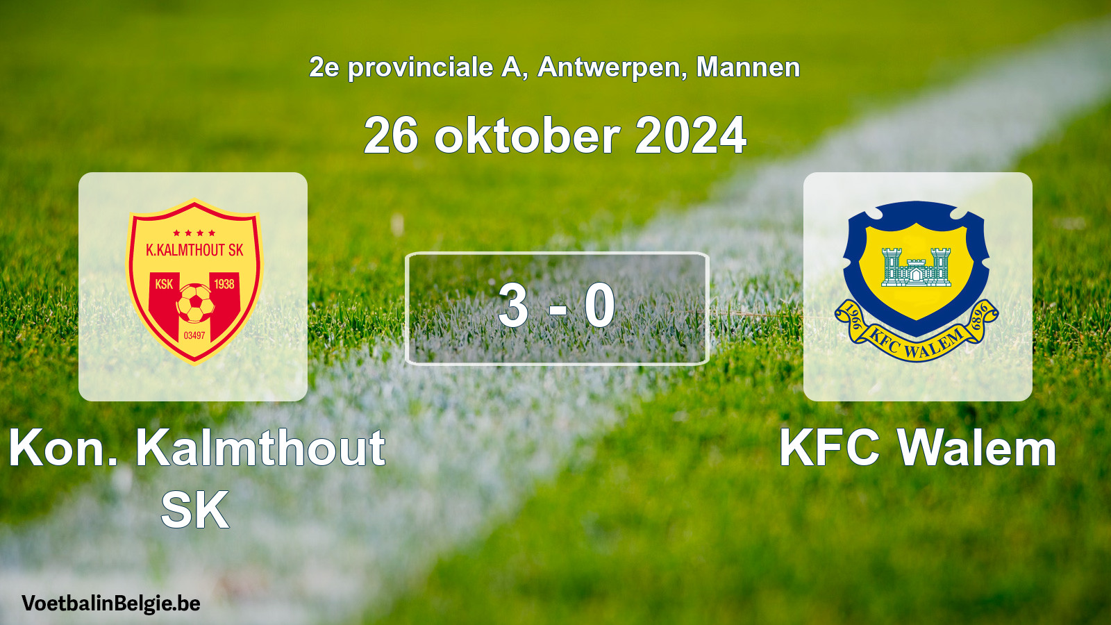 Gespeelde wedstrijd mannenvoetbal: Kon. Kalmthout SK - KFC Walem 3 - 0 (26 oktober 2024)