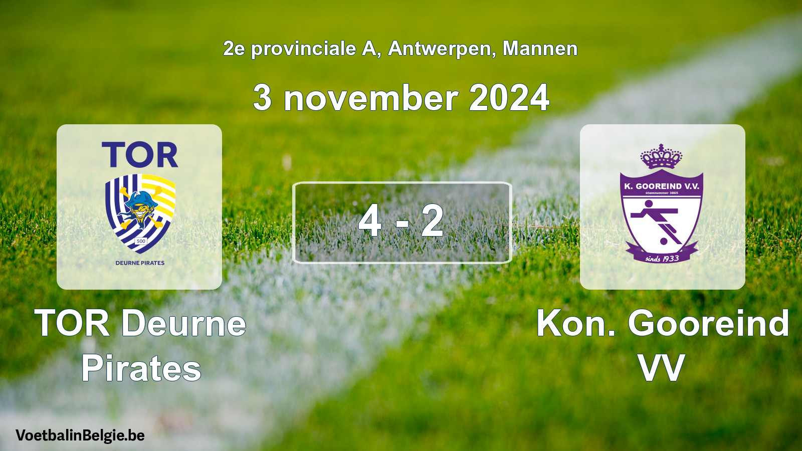 Gespeelde wedstrijd mannenvoetbal: TOR Deurne Pirates - Kon. Gooreind VV 4 - 2 (3 november 2024)