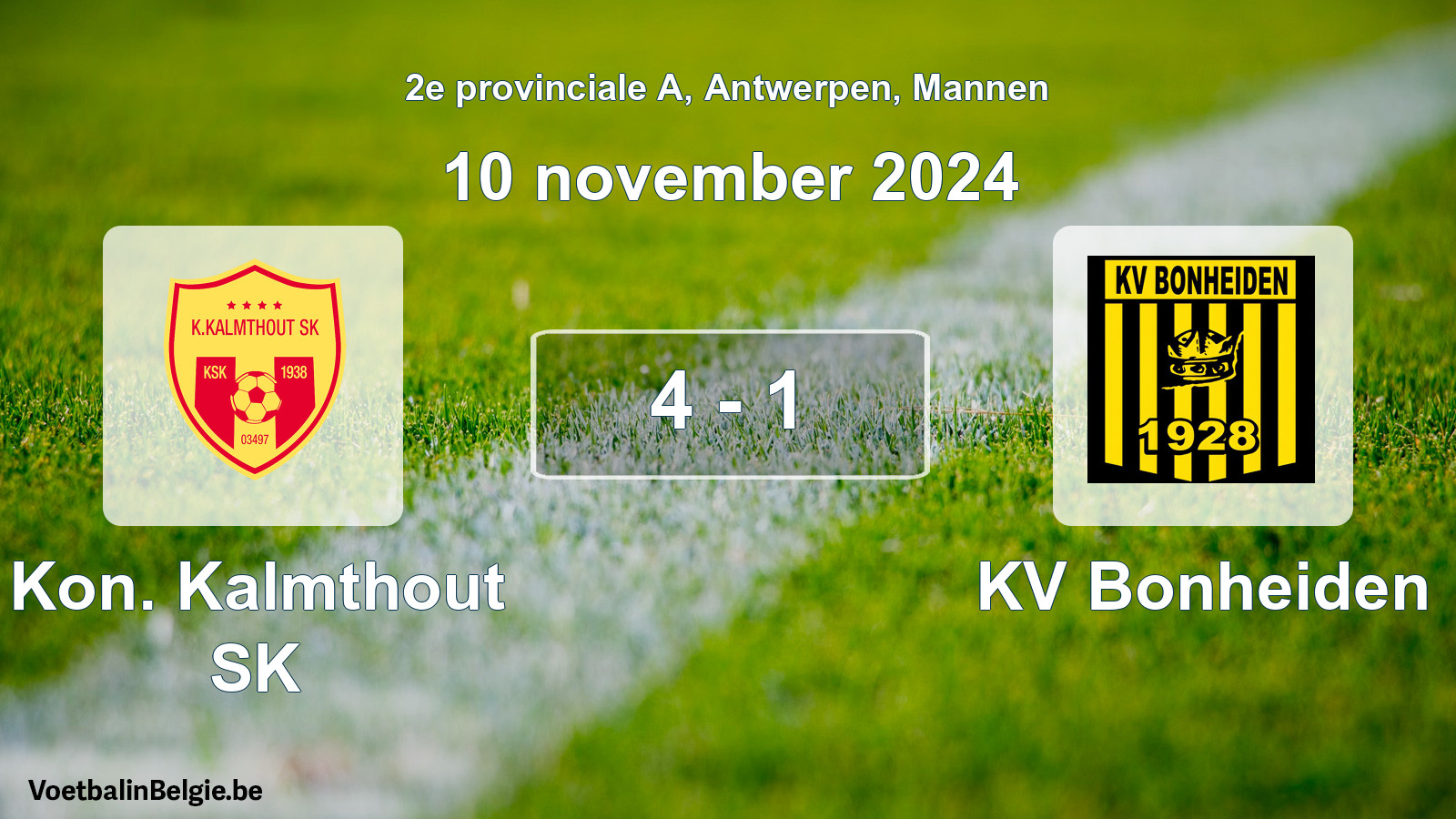 Gespeelde wedstrijd mannenvoetbal: Kon. Kalmthout SK - KV Bonheiden 4 - 1 (10 november 2024)