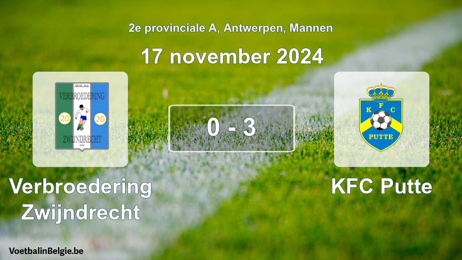 Gespeelde wedstrijd mannenvoetbal: Verbroedering Zwijndrecht - KFC Putte 0 - 3 (17 november 2024)