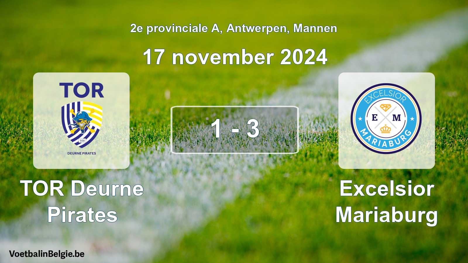 Gespeelde wedstrijd mannenvoetbal: TOR Deurne Pirates - Excelsior Mariaburg 1 - 3 (17 november 2024)
