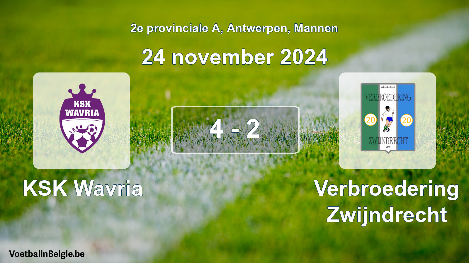 Gespeelde wedstrijd mannenvoetbal: KSK Wavria - Verbroedering Zwijndrecht 4 - 2 (24 november 2024)