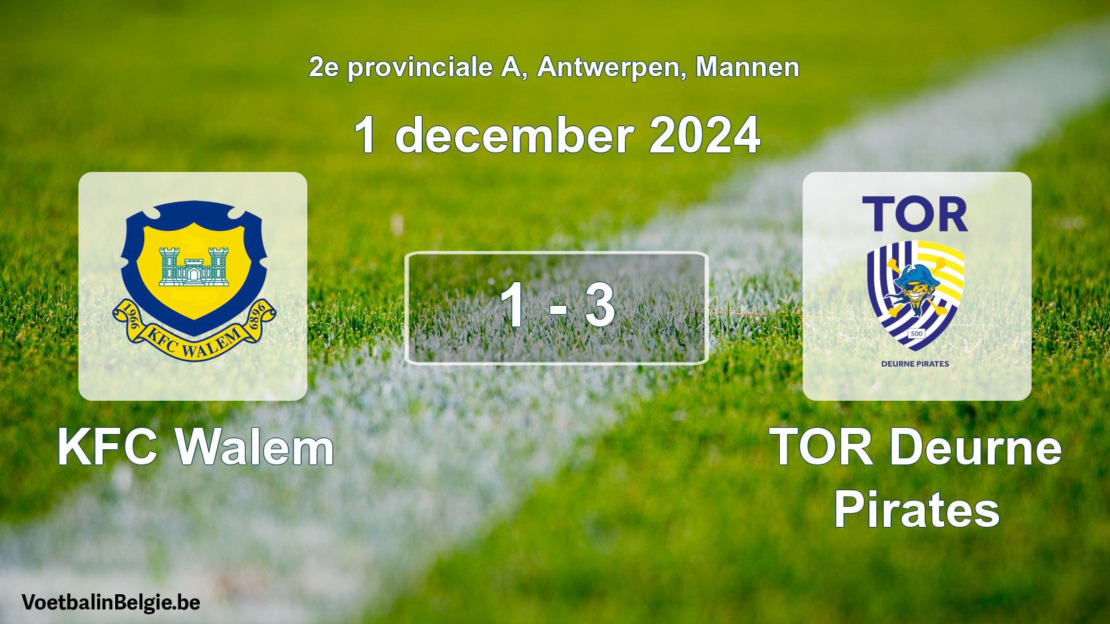 Gespeelde wedstrijd mannenvoetbal: KFC Walem - TOR Deurne Pirates 1 - 3 (1 december 2024)