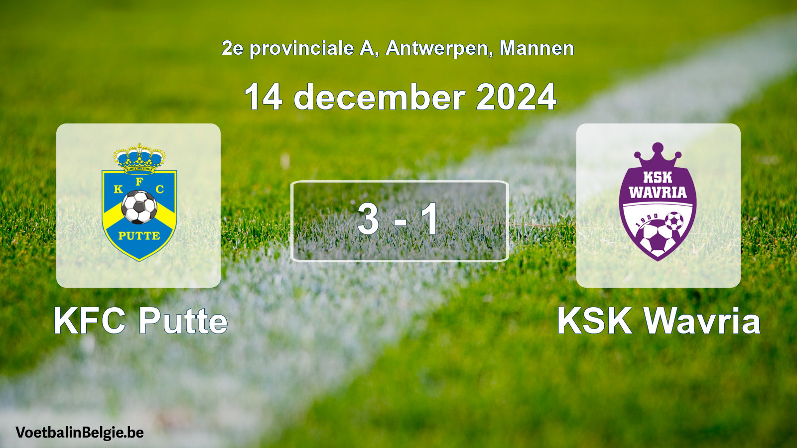 Gespeelde wedstrijd mannenvoetbal: KFC Putte - KSK Wavria 3 - 1 (14 december 2024)