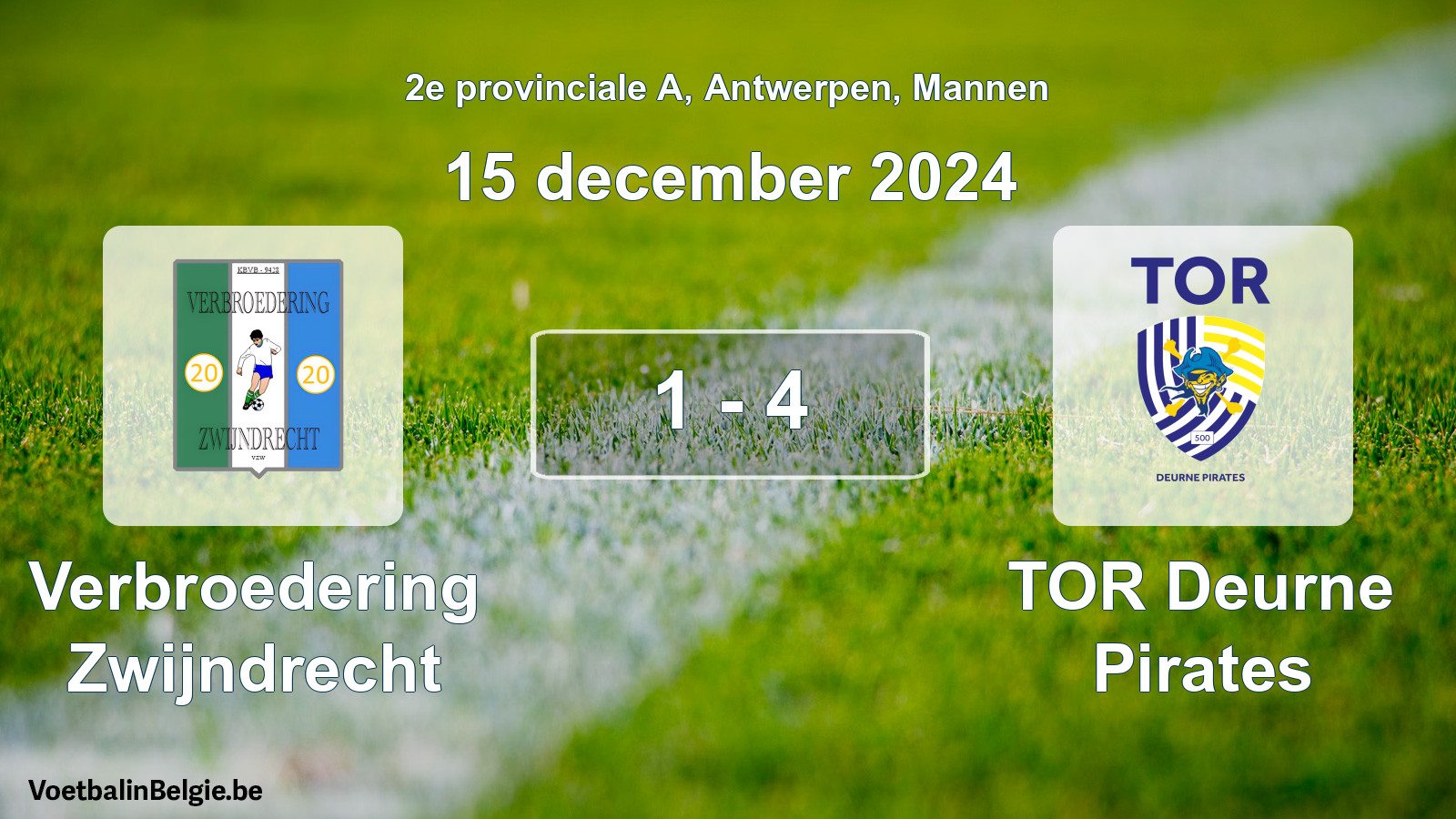Gespeelde wedstrijd mannenvoetbal: Verbroedering Zwijndrecht - TOR Deurne Pirates 1 - 4 (15 december 2024)