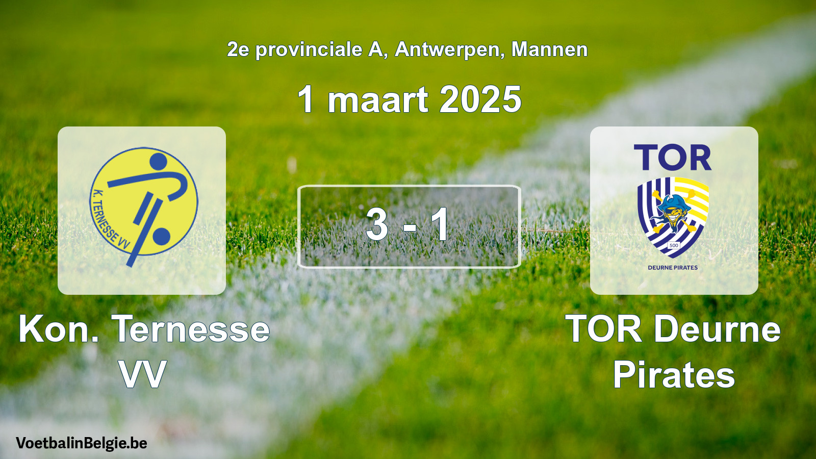 Gespeelde wedstrijd mannenvoetbal: Kon. Ternesse VV - TOR Deurne Pirates 3 - 1 (1 maart 2025)
