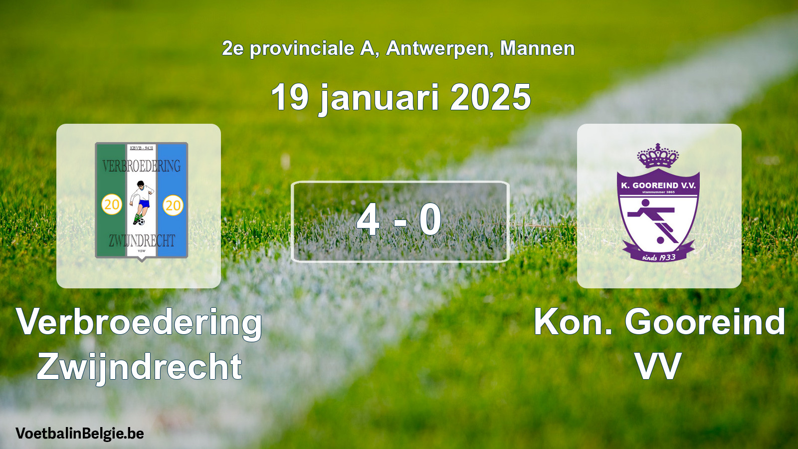 Gespeelde wedstrijd mannenvoetbal: Verbroedering Zwijndrecht - Kon. Gooreind VV 4 - 0 (19 januari 2025)