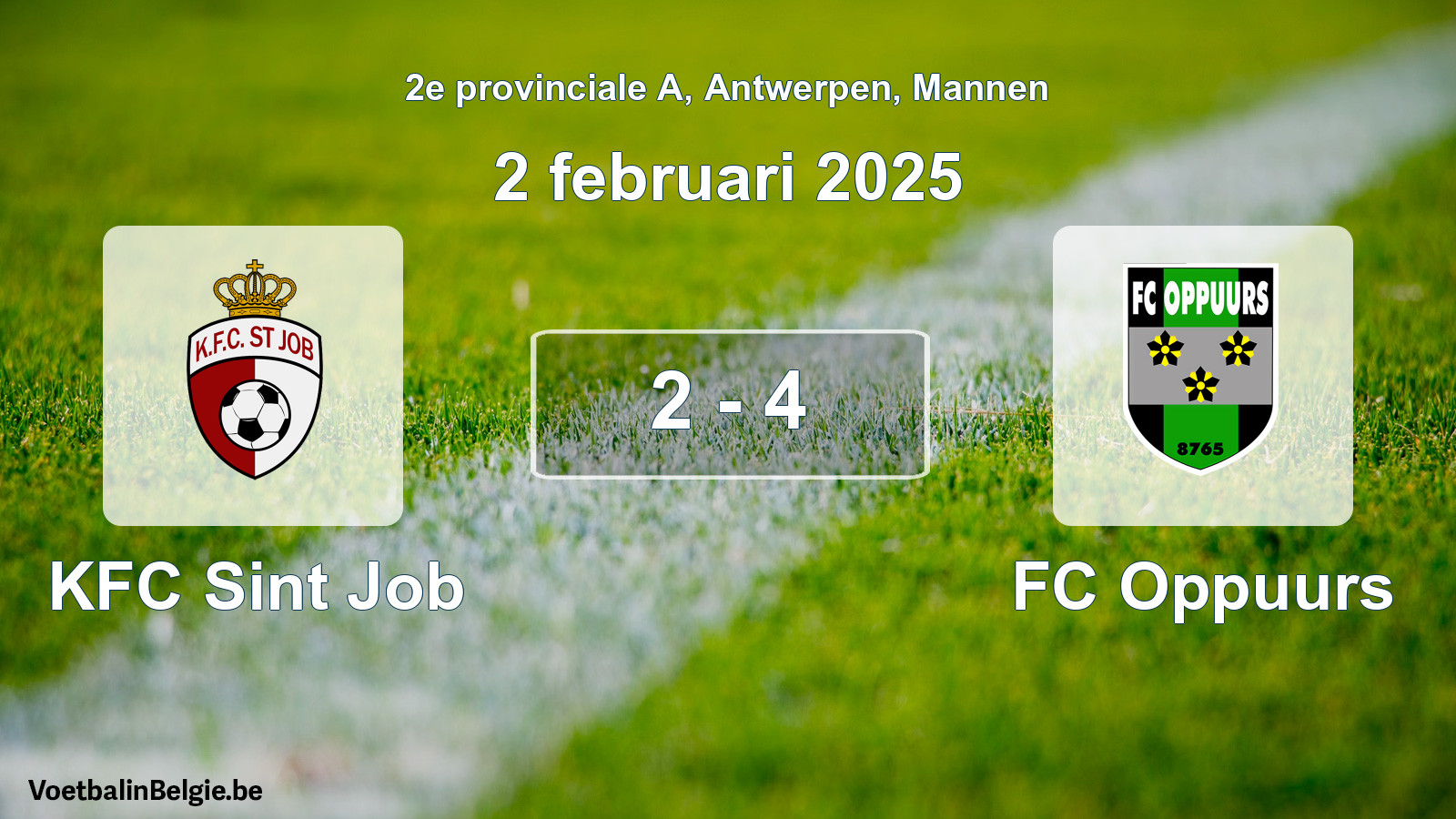 Gespeelde wedstrijd mannenvoetbal: KFC Sint Job - FC Oppuurs 2 - 4 (2 februari 2025)