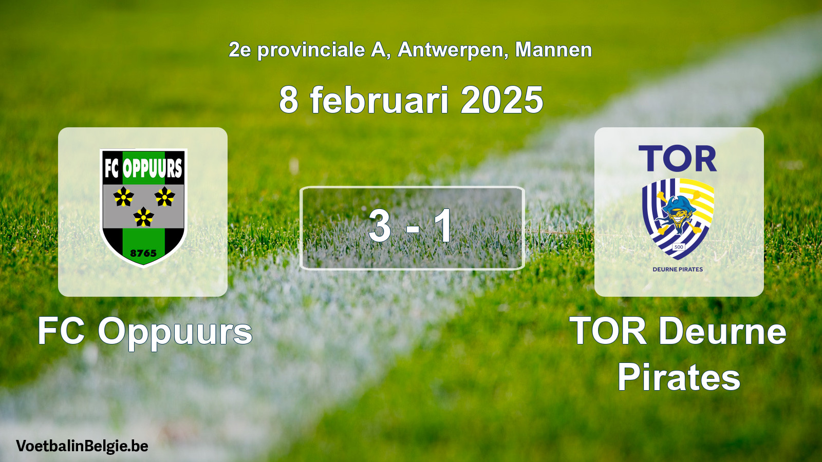 Gespeelde wedstrijd mannenvoetbal: FC Oppuurs - TOR Deurne Pirates 3 - 1 (8 februari 2025)