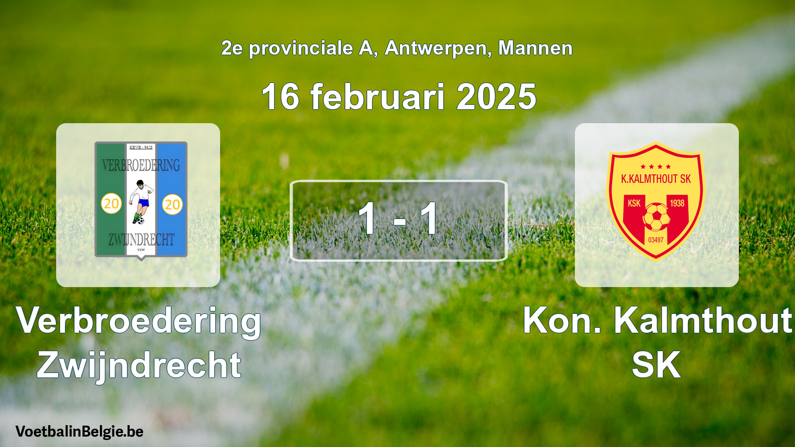 Gespeelde wedstrijd mannenvoetbal: Verbroedering Zwijndrecht - Kon. Kalmthout SK 1 - 1 (16 februari 2025)