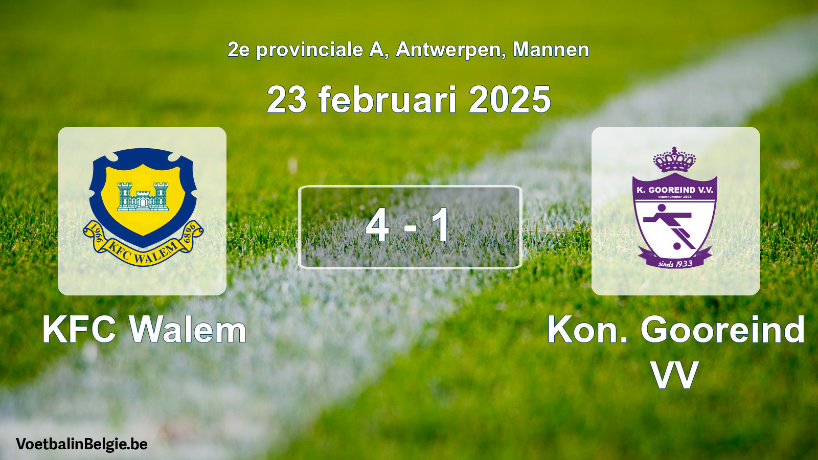Gespeelde wedstrijd mannenvoetbal: KFC Walem - Kon. Gooreind VV 4 - 1 (23 februari 2025)