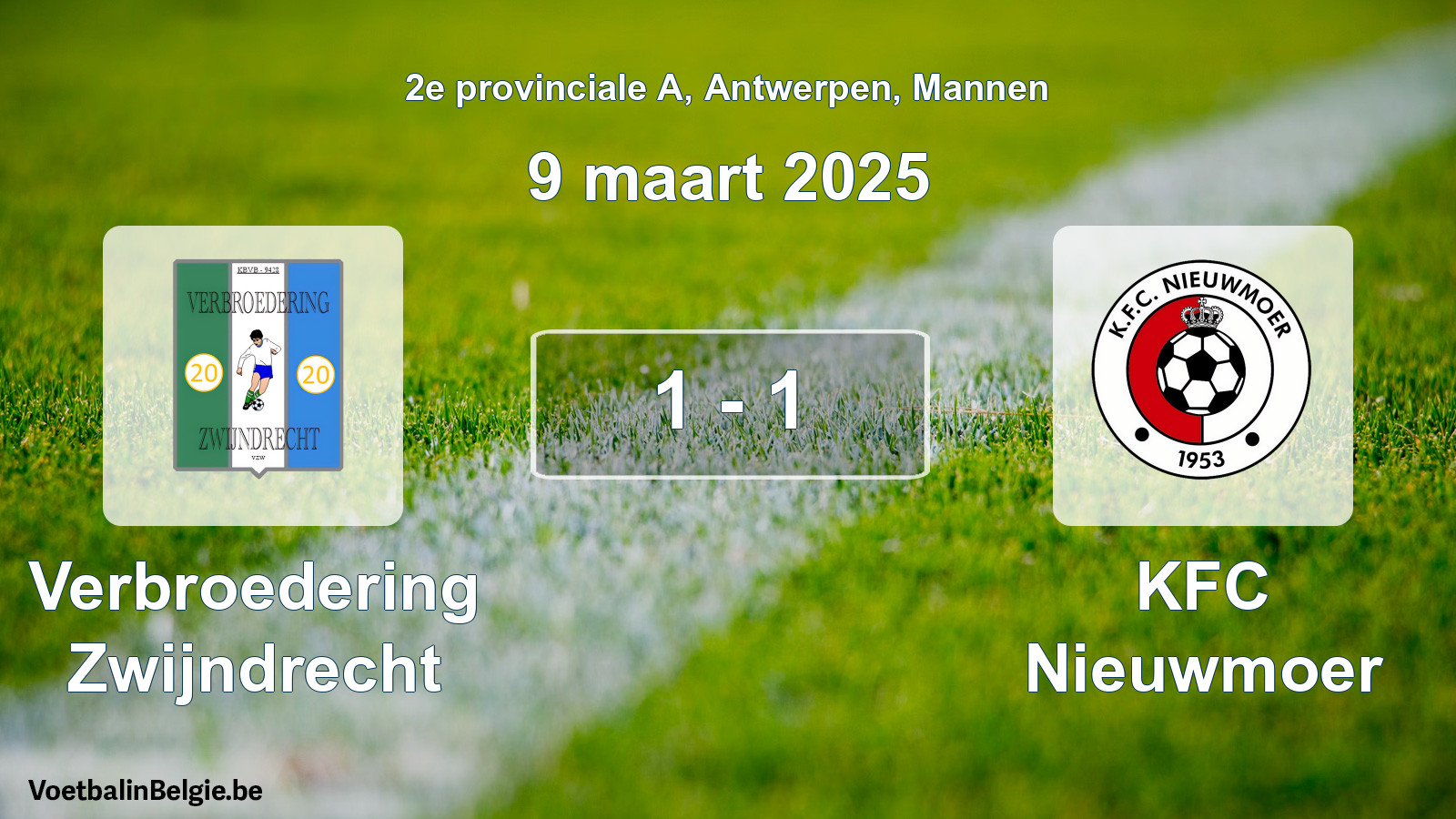Gespeelde wedstrijd mannenvoetbal: Verbroedering Zwijndrecht - KFC Nieuwmoer 1 - 1 (9 maart 2025)