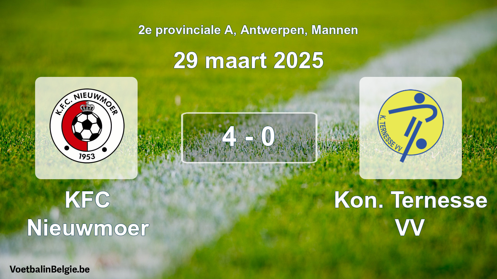 Gespeelde wedstrijd mannenvoetbal: KFC Nieuwmoer - Kon. Ternesse VV 4 - 0 (29 maart 2025)