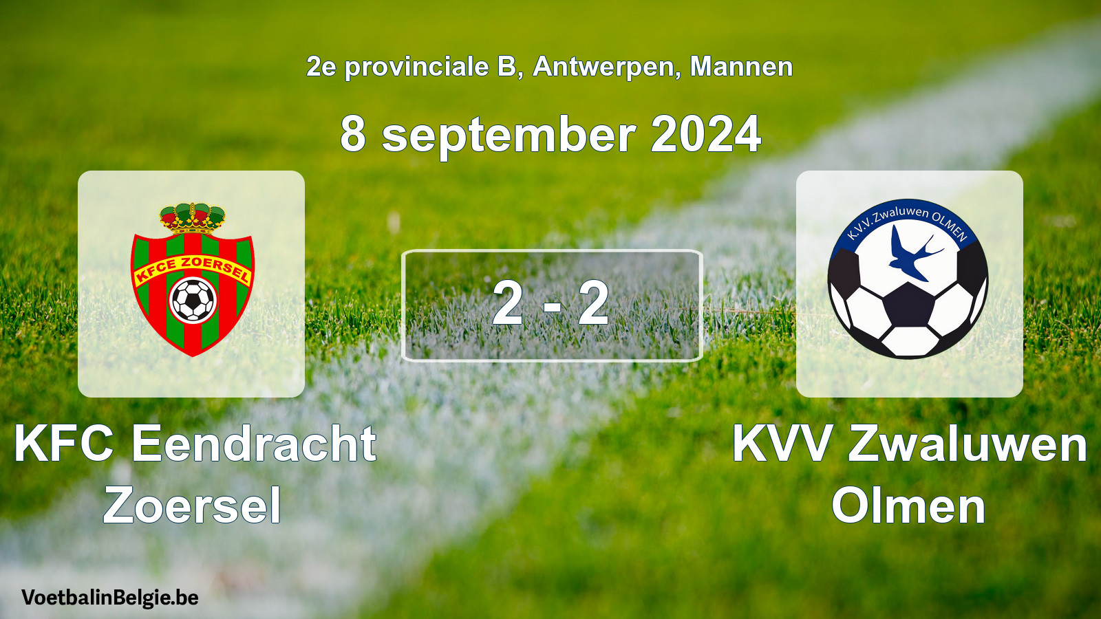 Gespeelde wedstrijd mannenvoetbal: KFC Eendracht Zoersel - KVV Zwaluwen Olmen 2 - 2 (8 september 2024)