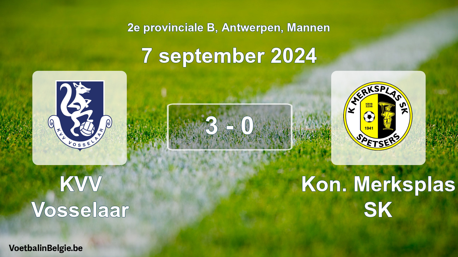 Gespeelde wedstrijd mannenvoetbal: KVV Vosselaar - Kon. Merksplas SK 3 - 0 (7 september 2024)