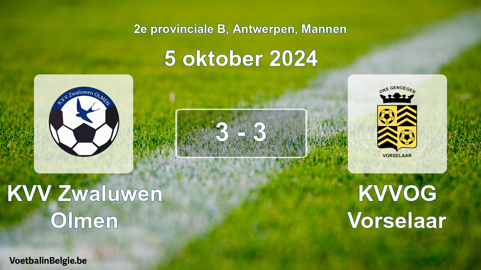 Gespeelde wedstrijd mannenvoetbal: KVV Zwaluwen Olmen - KVVOG Vorselaar 3 - 3 (5 oktober 2024)
