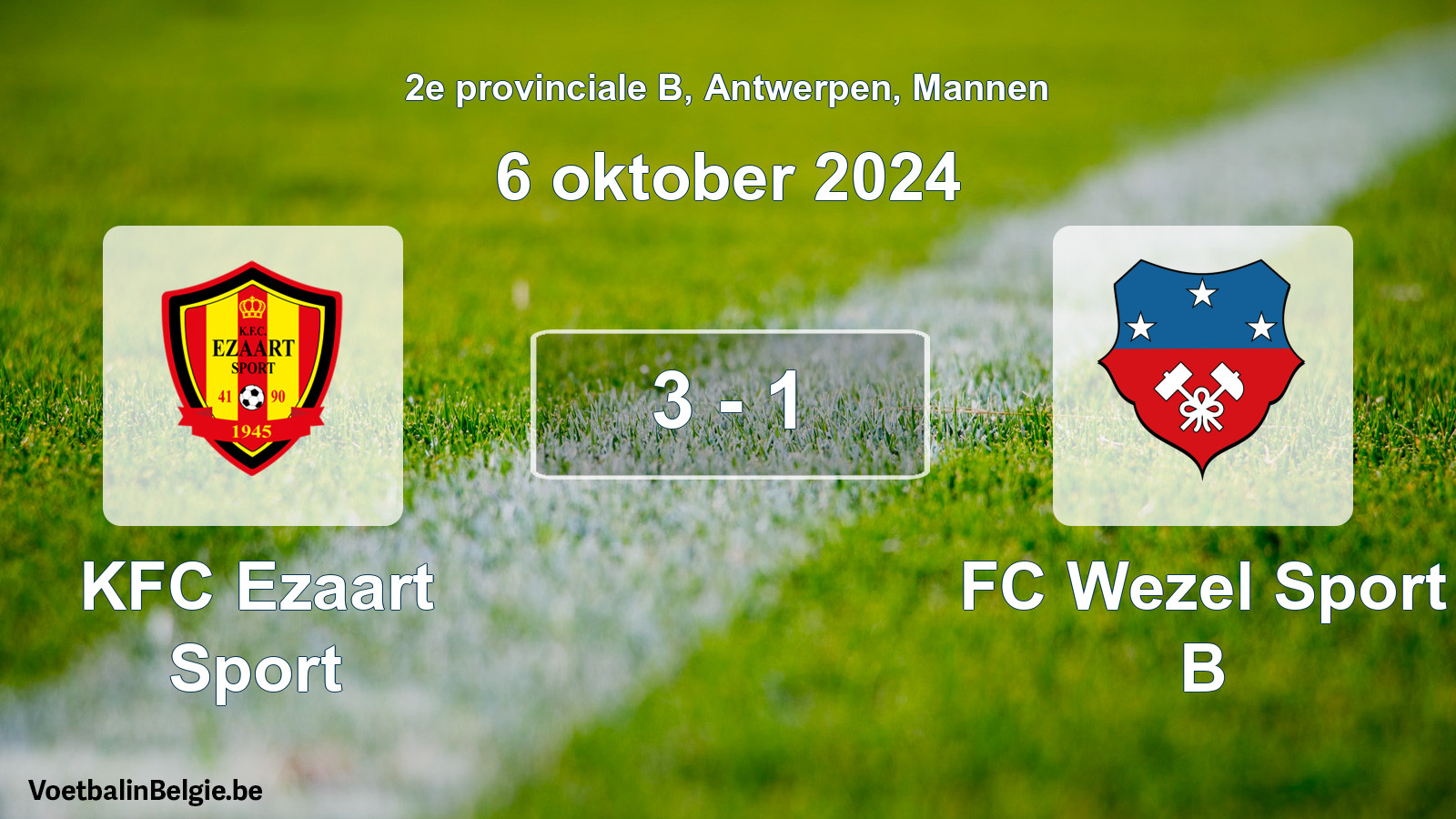 Gespeelde wedstrijd mannenvoetbal: KFC Ezaart Sport - FC Wezel Sport B 3 - 1 (6 oktober 2024)