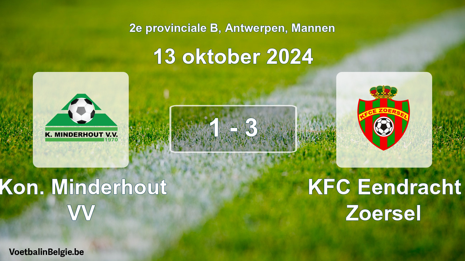 Gespeelde wedstrijd mannenvoetbal: Kon. Minderhout VV - KFC Eendracht Zoersel 1 - 3 (13 oktober 2024)