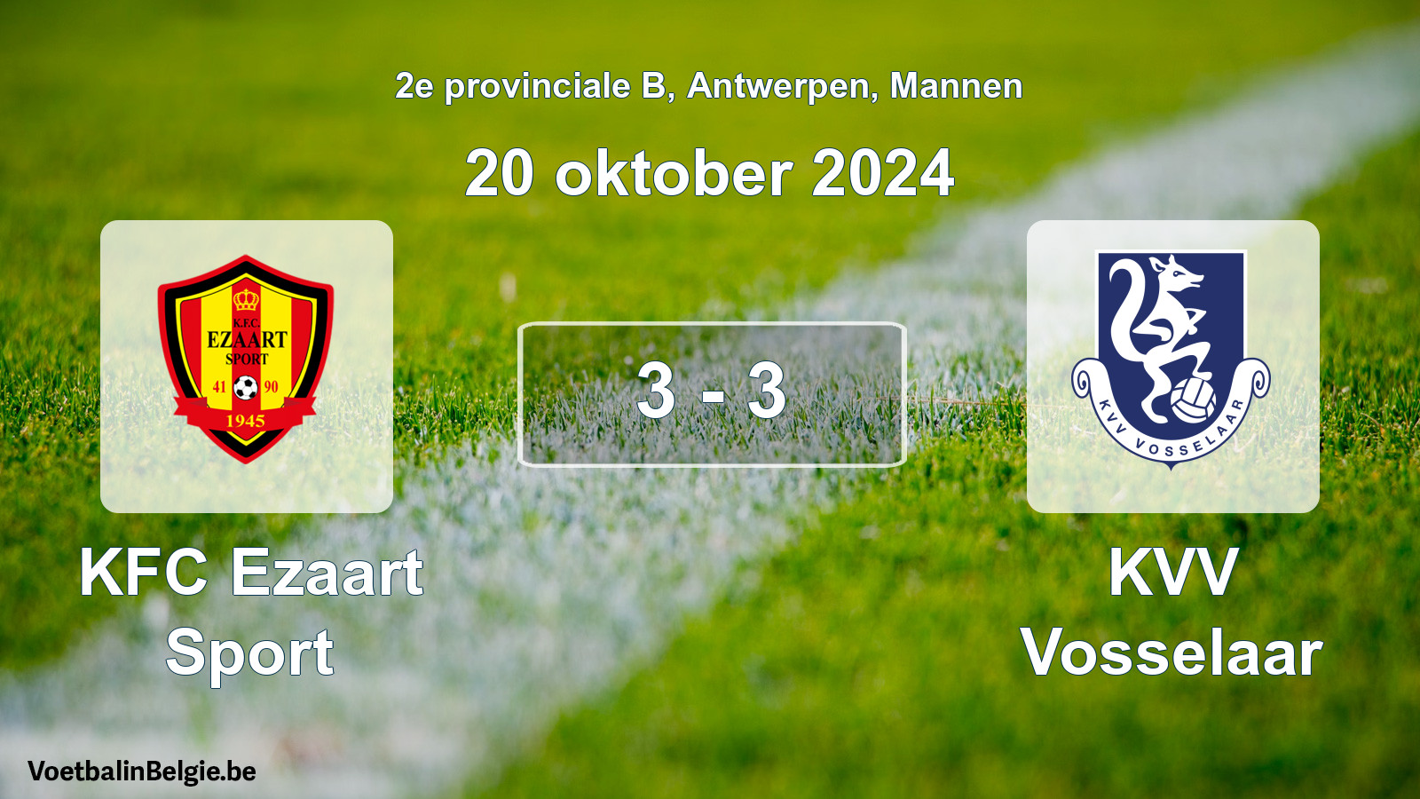 Gespeelde wedstrijd mannenvoetbal: KFC Ezaart Sport - KVV Vosselaar 3 - 3 (20 oktober 2024)