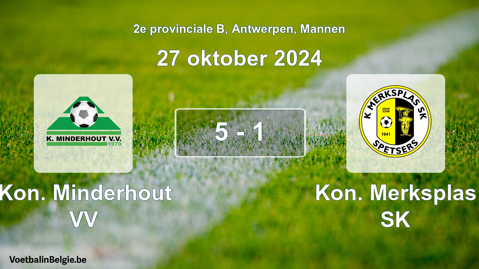 Gespeelde wedstrijd mannenvoetbal: Kon. Minderhout VV - Kon. Merksplas SK 5 - 1 (27 oktober 2024)