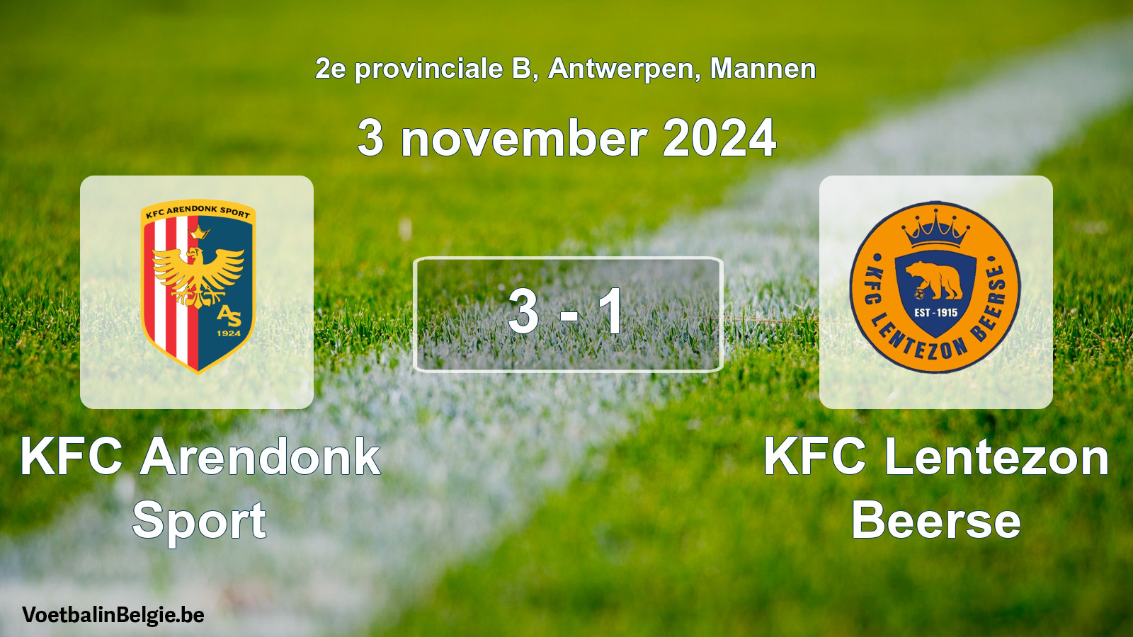 Gespeelde wedstrijd mannenvoetbal: KFC Arendonk Sport - KFC Lentezon Beerse 3 - 1 (3 november 2024)