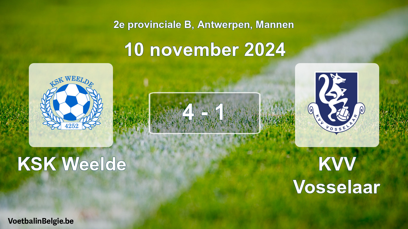 Gespeelde wedstrijd mannenvoetbal: KSK Weelde - KVV Vosselaar 4 - 1 (10 november 2024)