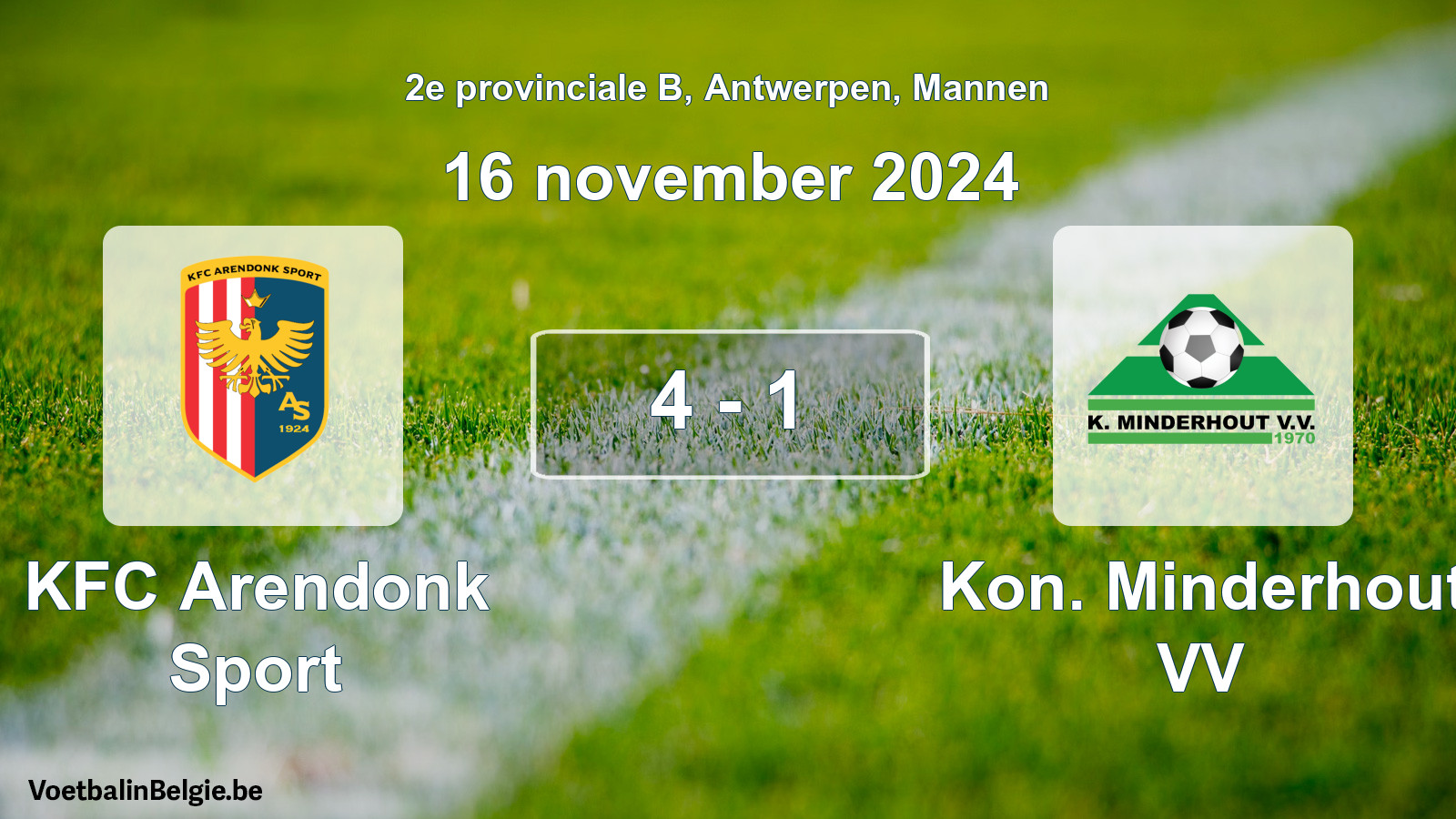 Gespeelde wedstrijd mannenvoetbal: KFC Arendonk Sport - Kon. Minderhout VV 4 - 1 (16 november 2024)