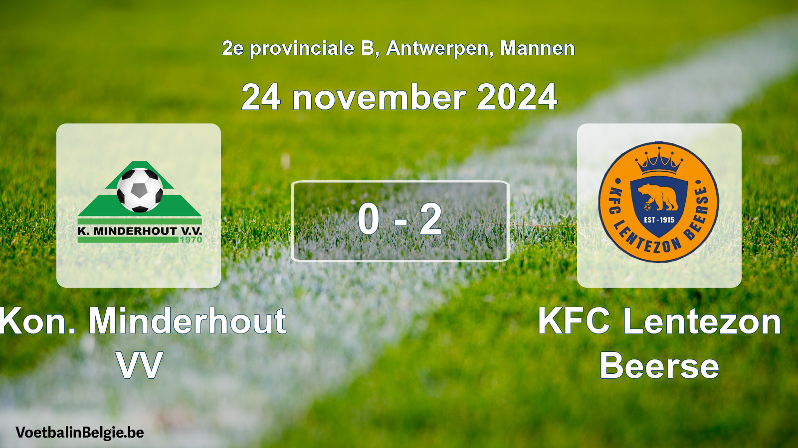 Gespeelde wedstrijd mannenvoetbal: Kon. Minderhout VV - KFC Lentezon Beerse 0 - 2 (24 november 2024)