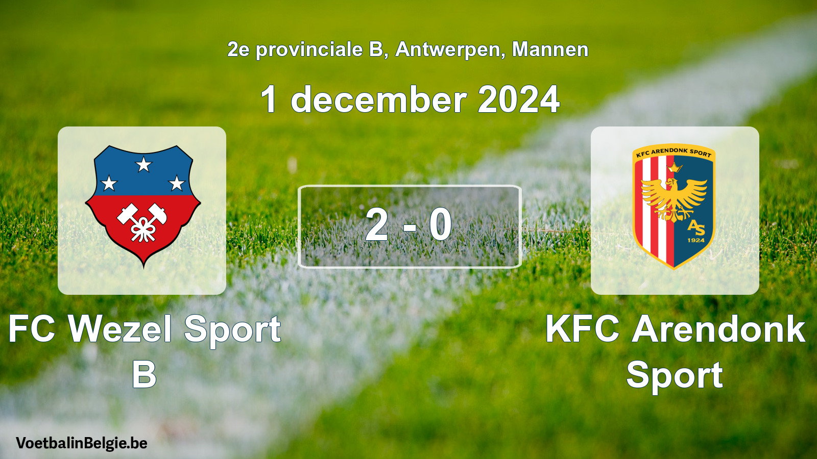 Gespeelde wedstrijd mannenvoetbal: FC Wezel Sport B - KFC Arendonk Sport 2 - 0 (1 december 2024)