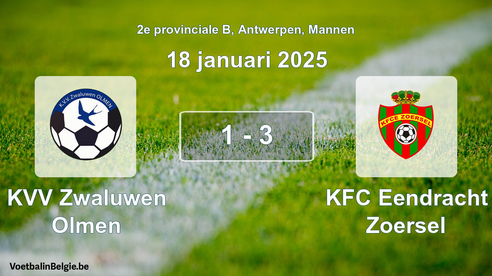 Gespeelde wedstrijd mannenvoetbal: KVV Zwaluwen Olmen - KFC Eendracht Zoersel 1 - 3 (18 januari 2025)