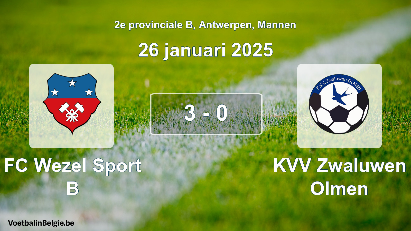 Gespeelde wedstrijd mannenvoetbal: FC Wezel Sport B - KVV Zwaluwen Olmen 3 - 0 (26 januari 2025)