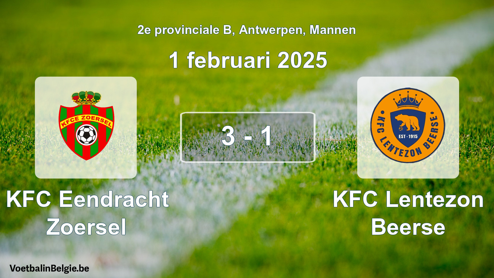 Gespeelde wedstrijd mannenvoetbal: KFC Eendracht Zoersel - KFC Lentezon Beerse 3 - 1 (1 februari 2025)