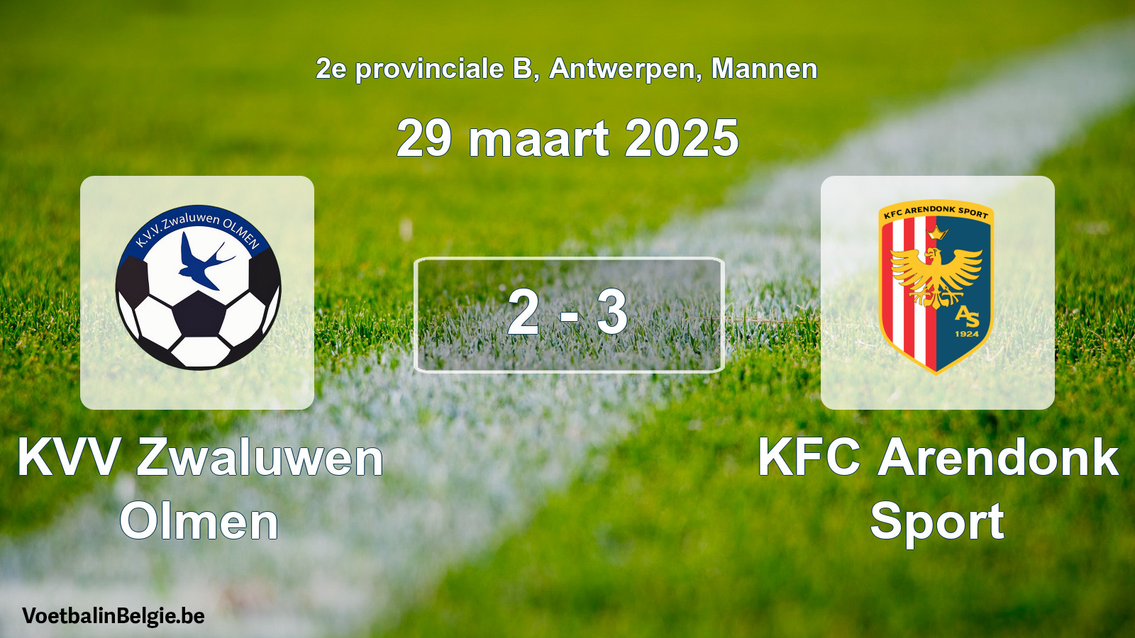 Gespeelde wedstrijd mannenvoetbal: KVV Zwaluwen Olmen - KFC Arendonk Sport 2 - 3 (29 maart 2025)