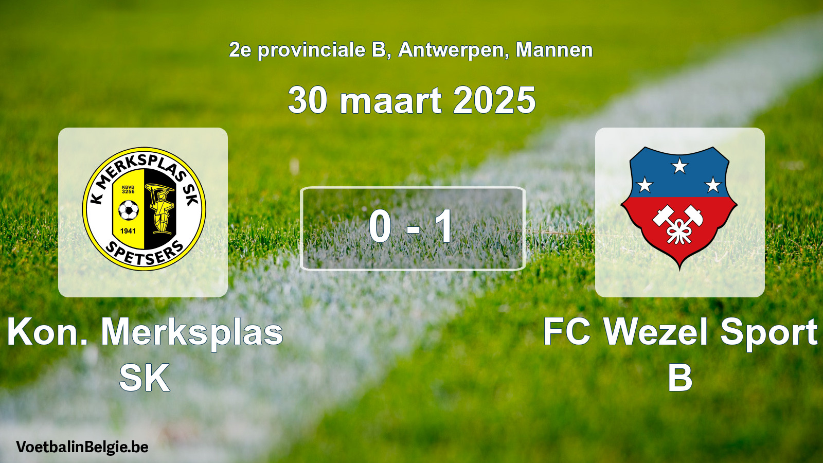 Gespeelde wedstrijd mannenvoetbal: Kon. Merksplas SK - FC Wezel Sport B 0 - 1 (30 maart 2025)