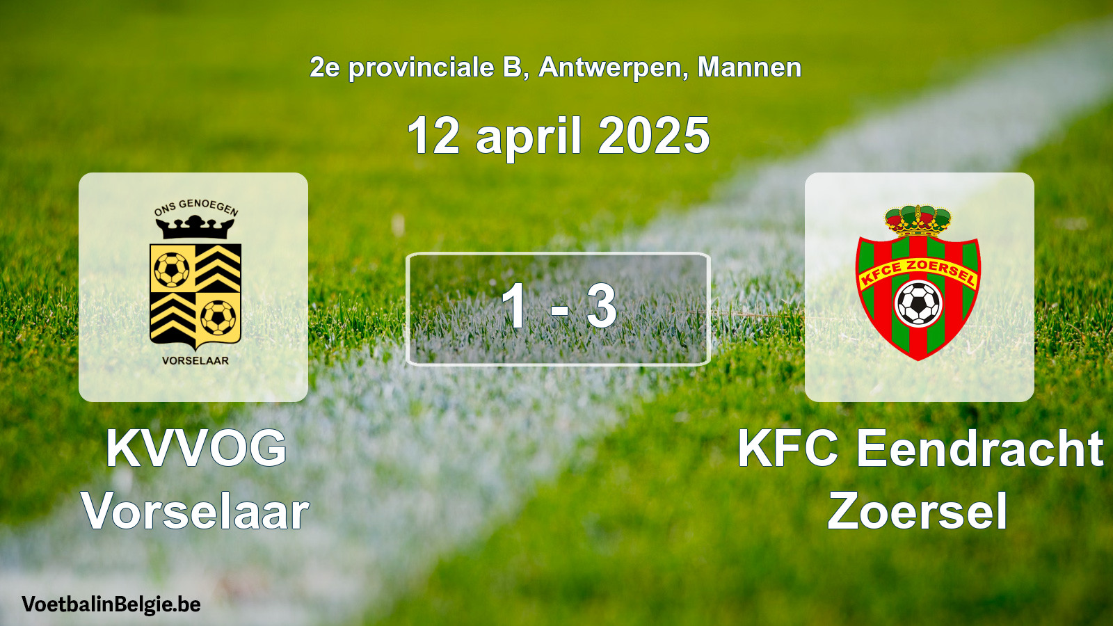 Gespeelde wedstrijd mannenvoetbal: KVVOG Vorselaar - KFC Eendracht Zoersel 1 - 3 (12 april 2025)
