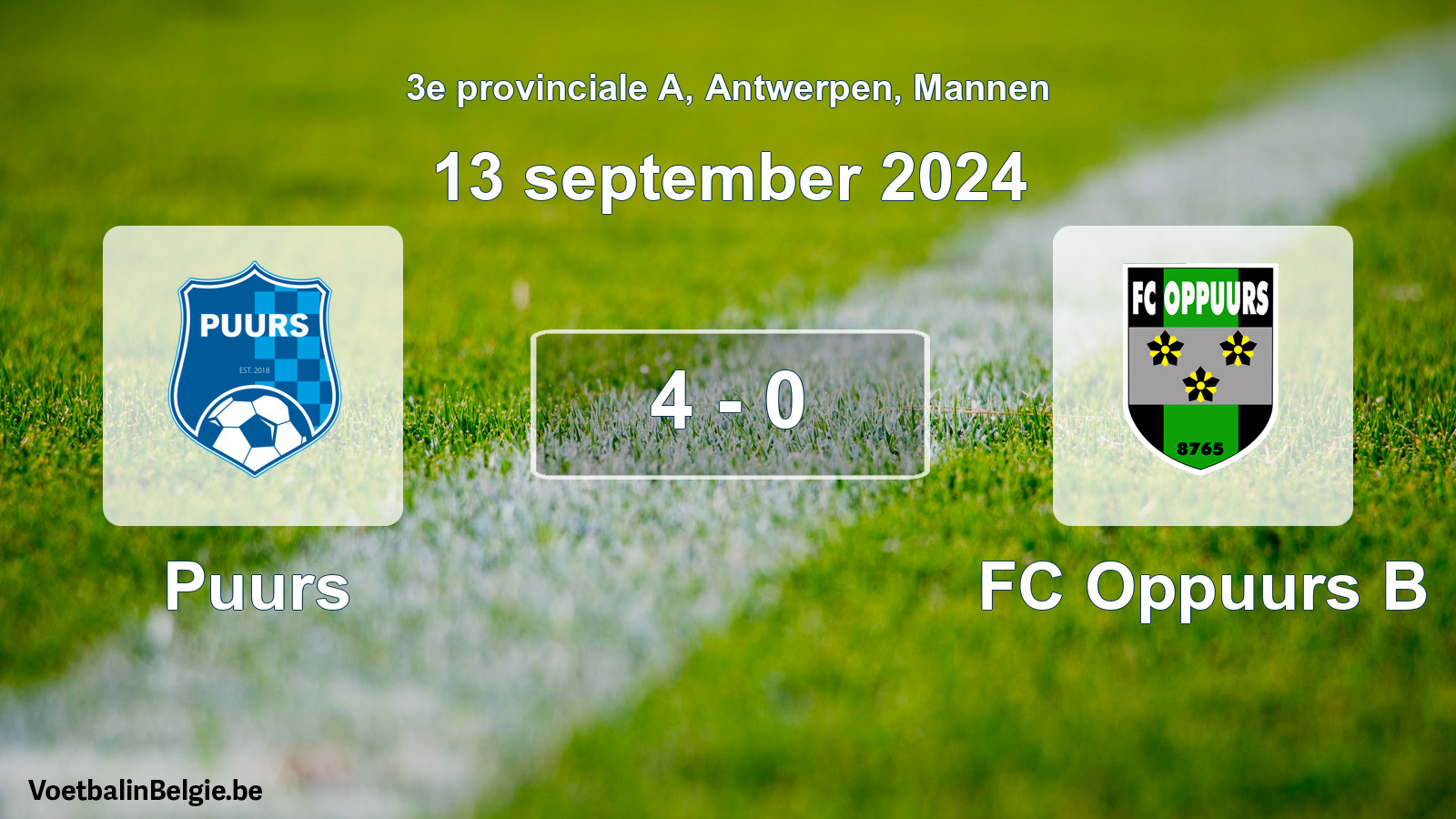 Gespeelde wedstrijd mannenvoetbal: Puurs - FC Oppuurs B 4 - 0 (13 september 2024)