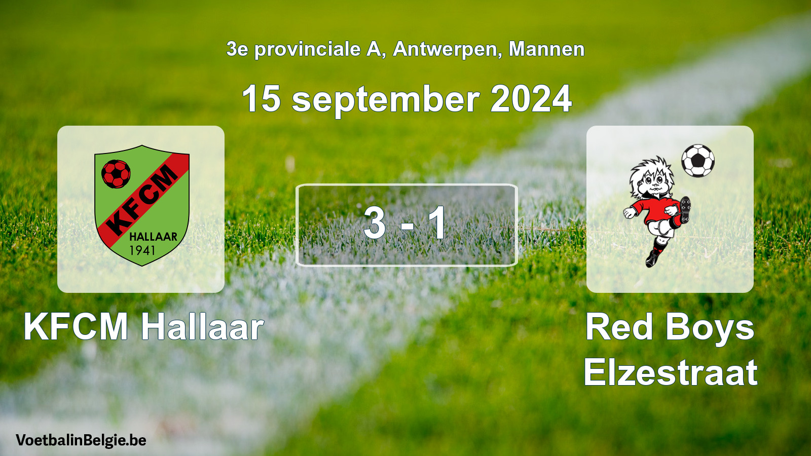 Gespeelde wedstrijd mannenvoetbal: KFCM Hallaar - Red Boys Elzestraat 3 - 1 (15 september 2024)