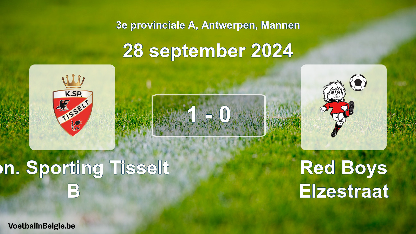 Gespeelde wedstrijd mannenvoetbal: Kon. Sporting Tisselt B - Red Boys Elzestraat 1 - 0 (28 september 2024)