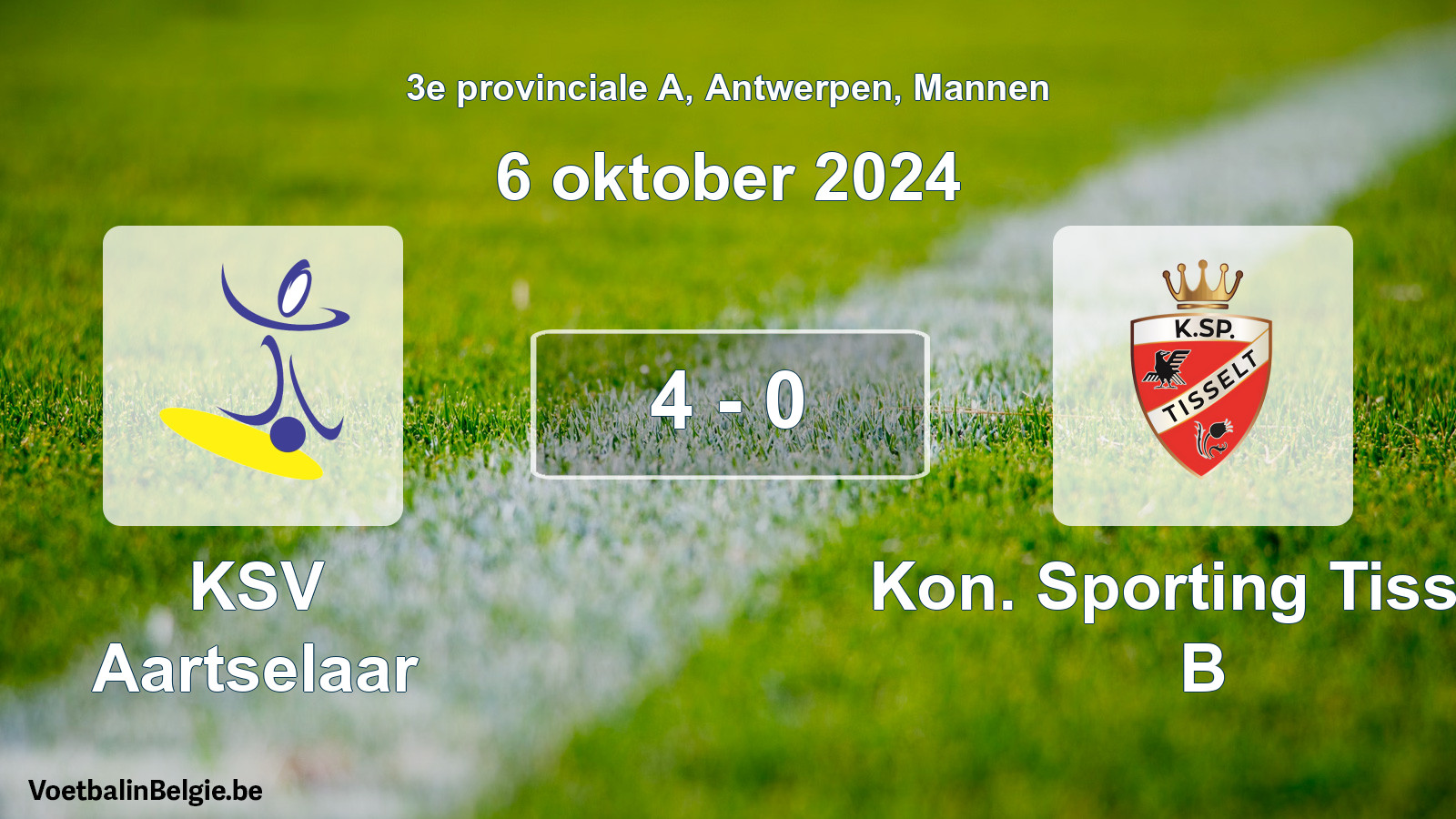 Gespeelde wedstrijd mannenvoetbal: KSV Aartselaar - Kon. Sporting Tisselt B 4 - 0 (6 oktober 2024)