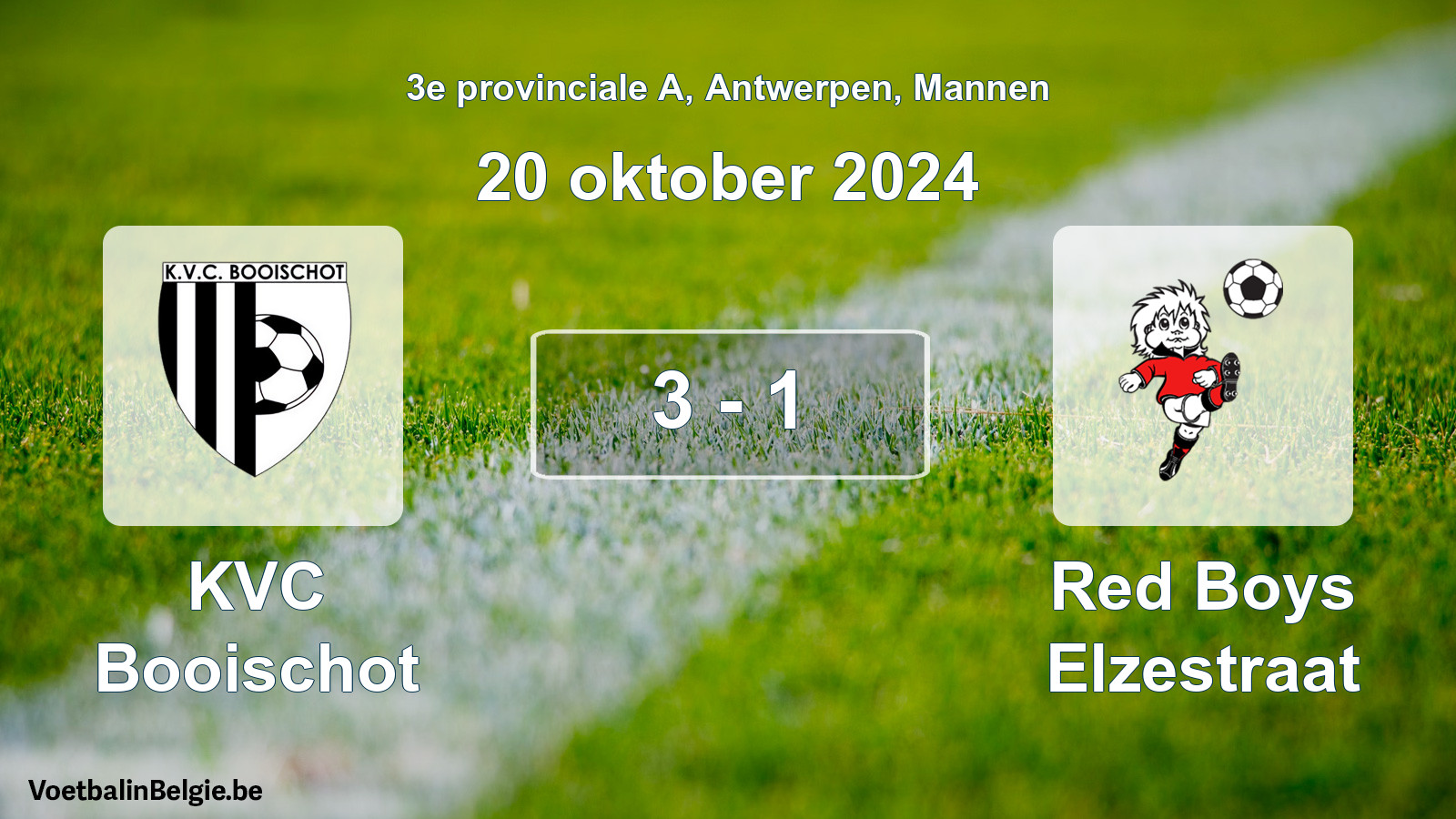 Gespeelde wedstrijd mannenvoetbal: KVC Booischot - Red Boys Elzestraat 3 - 1 (20 oktober 2024)