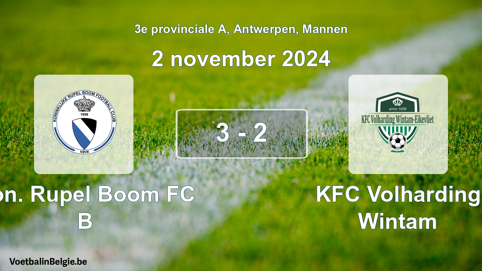 Gespeelde wedstrijd mannenvoetbal: Kon. Rupel Boom FC B - KFC Volharding Wintam 3 - 2 (2 november 2024)