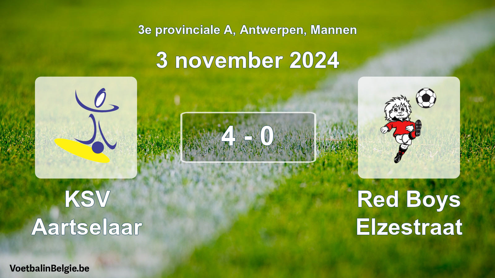 Gespeelde wedstrijd mannenvoetbal: KSV Aartselaar - Red Boys Elzestraat 4 - 0 (3 november 2024)