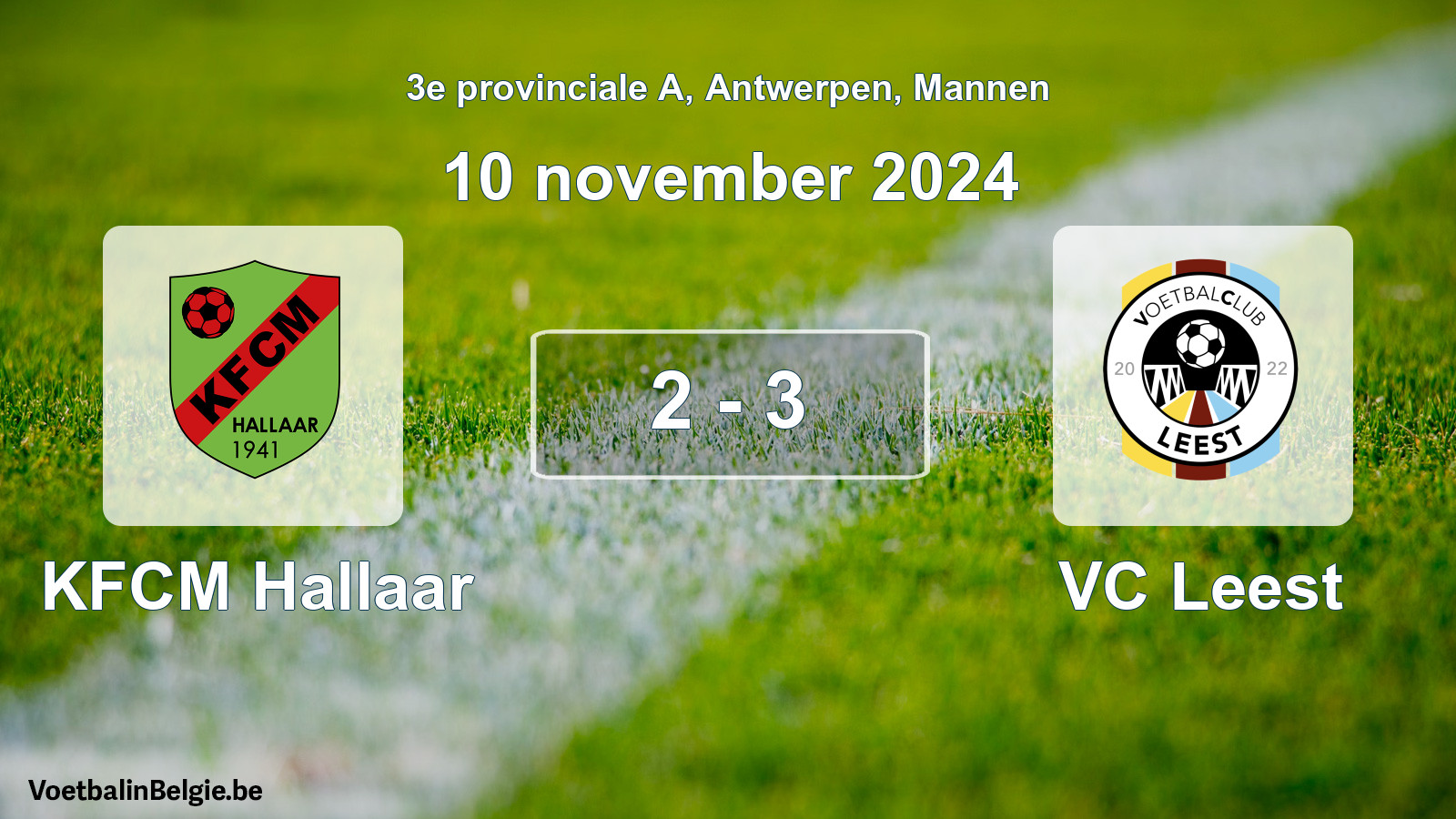 Gespeelde wedstrijd mannenvoetbal: KFCM Hallaar - VC Leest 2 - 3 (10 november 2024)