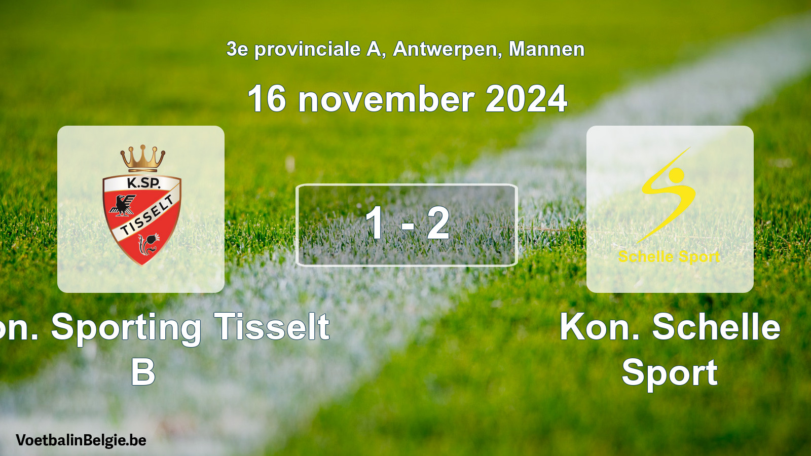 Gespeelde wedstrijd mannenvoetbal: Kon. Sporting Tisselt B - Kon. Schelle Sport 1 - 2 (16 november 2024)