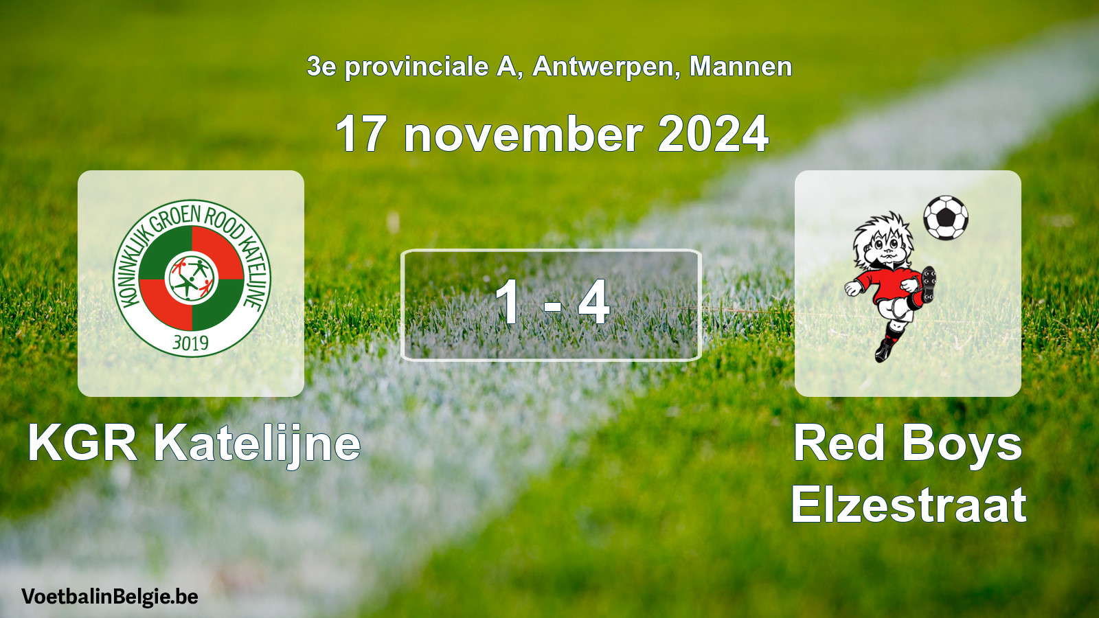 Gespeelde wedstrijd mannenvoetbal: KGR Katelijne - Red Boys Elzestraat 1 - 4 (17 november 2024)