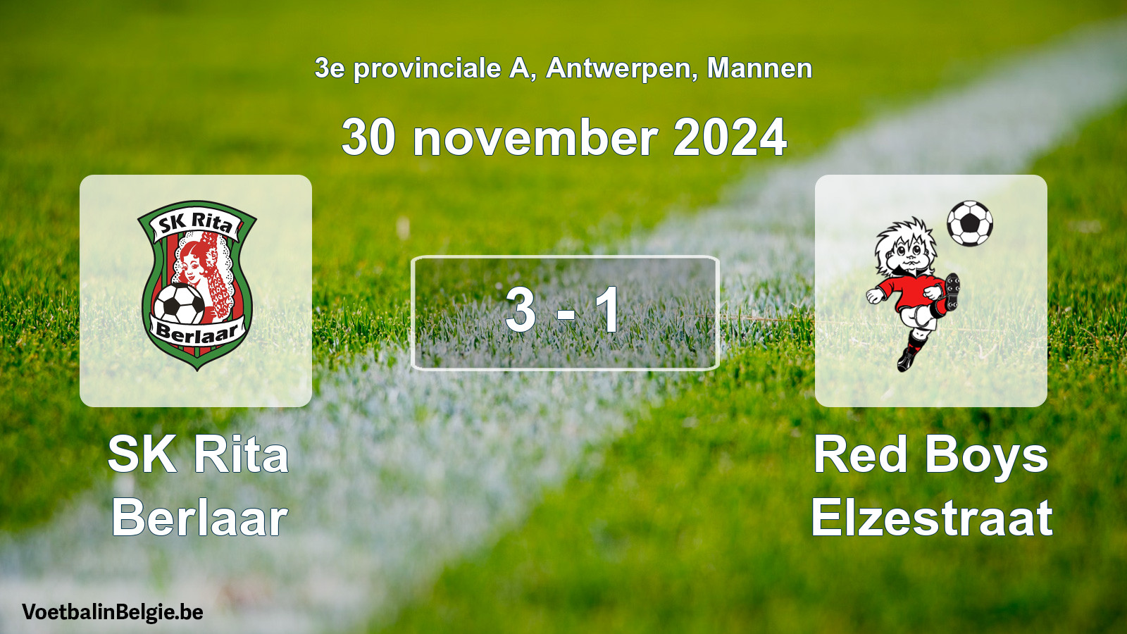 Gespeelde wedstrijd mannenvoetbal: SK Rita Berlaar - Red Boys Elzestraat 3 - 1 (30 november 2024)