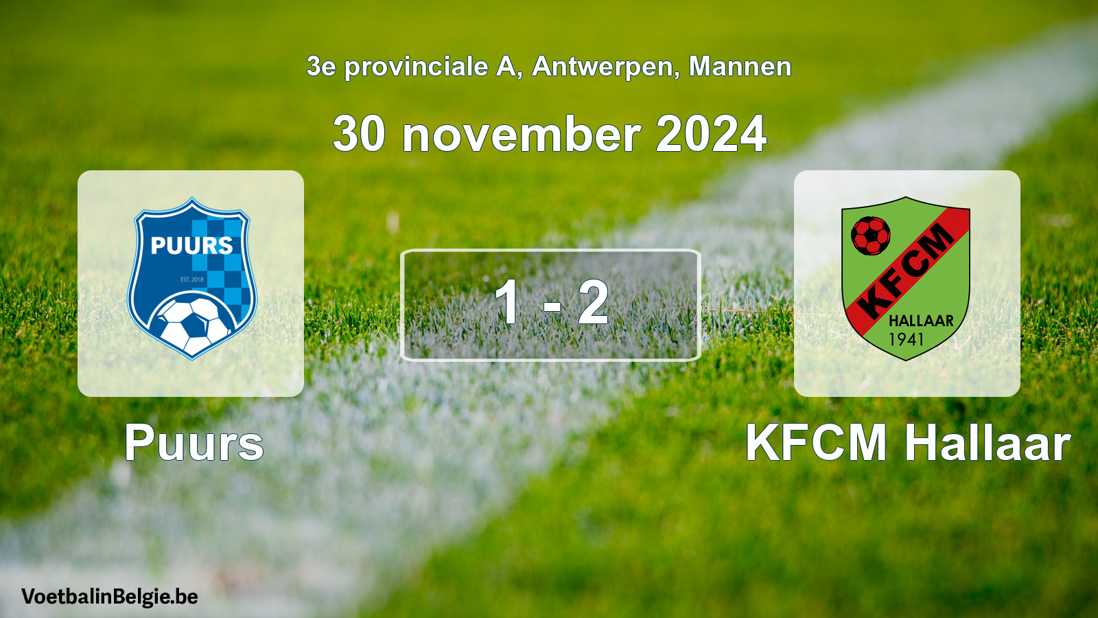 Gespeelde wedstrijd mannenvoetbal: Puurs - KFCM Hallaar 1 - 2 (30 november 2024)
