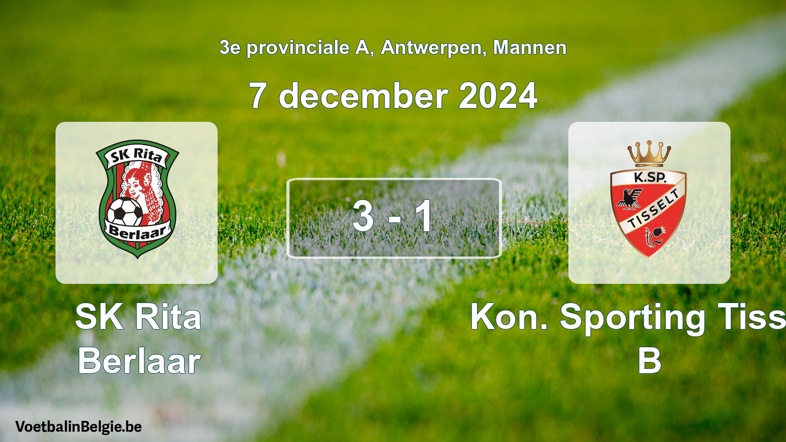 Gespeelde wedstrijd mannenvoetbal: SK Rita Berlaar - Kon. Sporting Tisselt B 3 - 1 (7 december 2024)