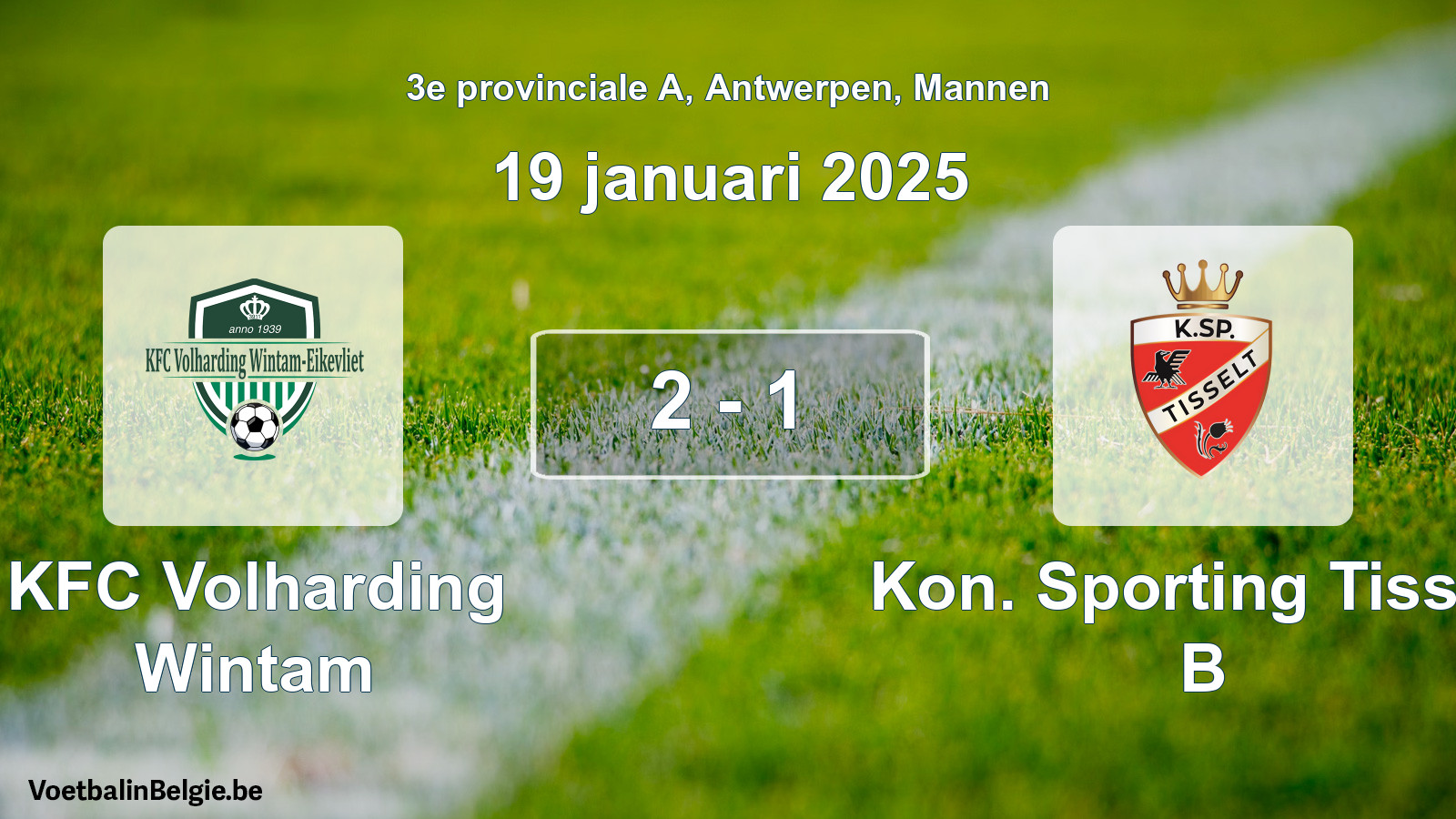 Gespeelde wedstrijd mannenvoetbal: KFC Volharding Wintam - Kon. Sporting Tisselt B 2 - 1 (19 januari 2025)